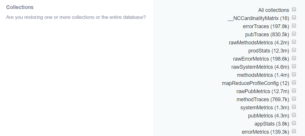 MongoDB collections to restore
