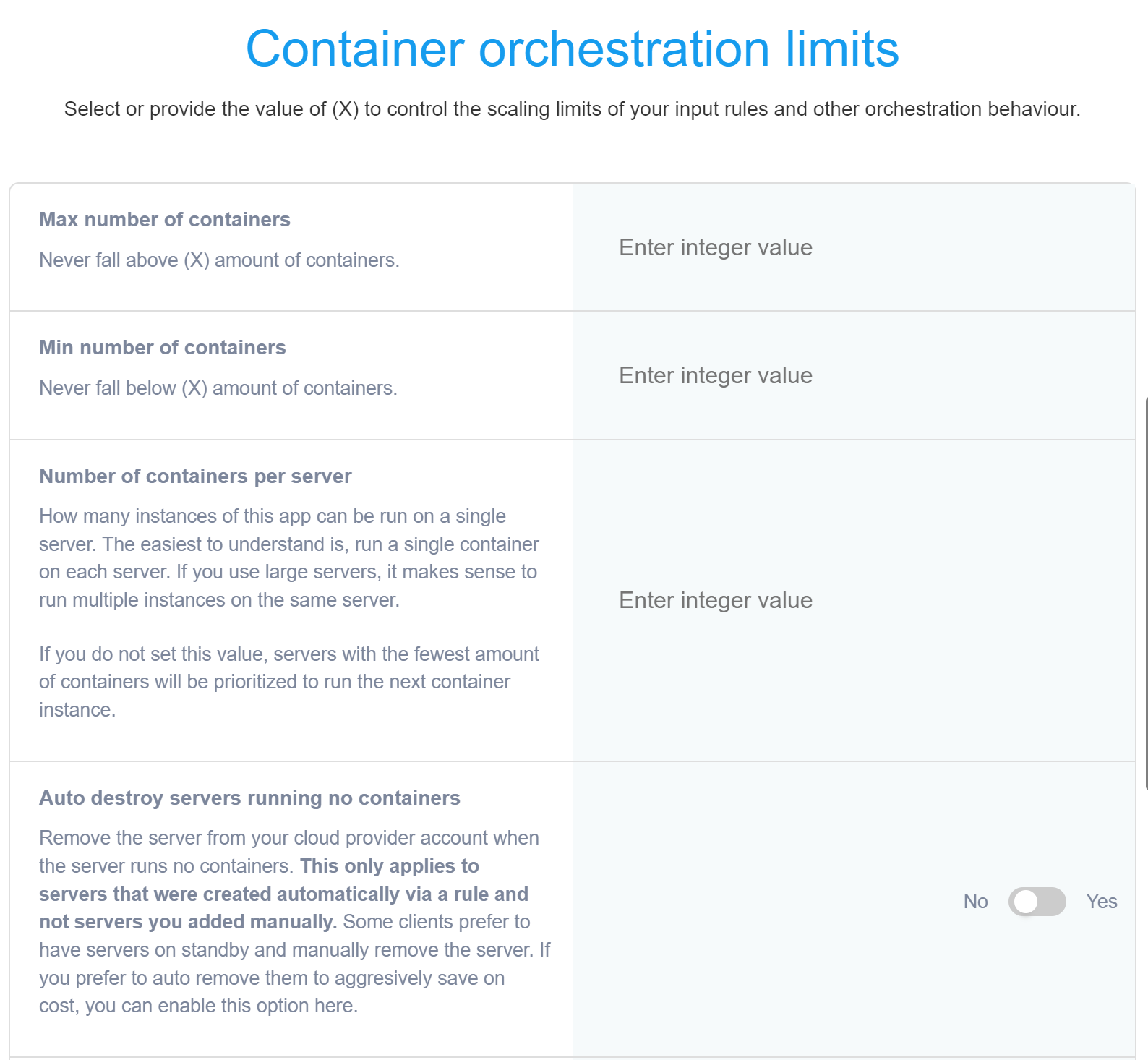 Container orchestration limits